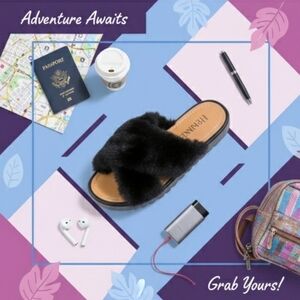 New Fur Fuzzy Slide Sandals Black Blush Low Wedge Size 6